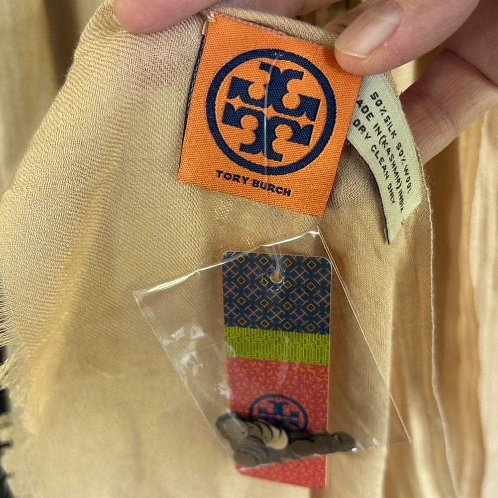 NWT Tory Burch Silk / Wool Sequined Shawl Scarf Gold Tan Retail $275.00
